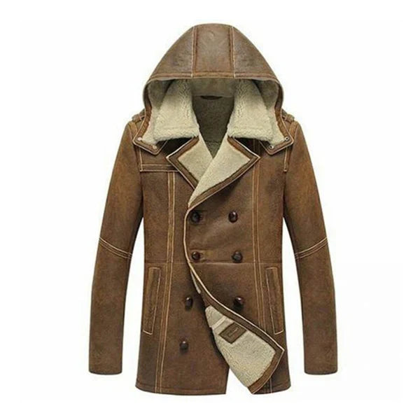 Men's B3 Hooded Shearling Real Brown Leather Coat