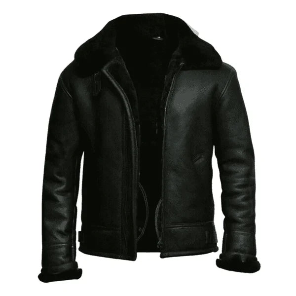 Men's Aviator Faux Shearling Black Bomber Leather Jacket