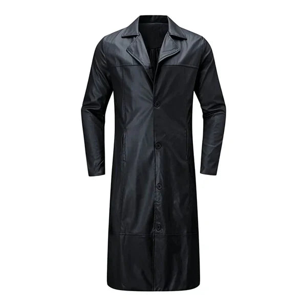 Button Closure Black Leather Long Coat