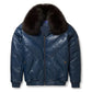 Men's V-Bomber Faux Shearling Navy Blue Leather Jacket