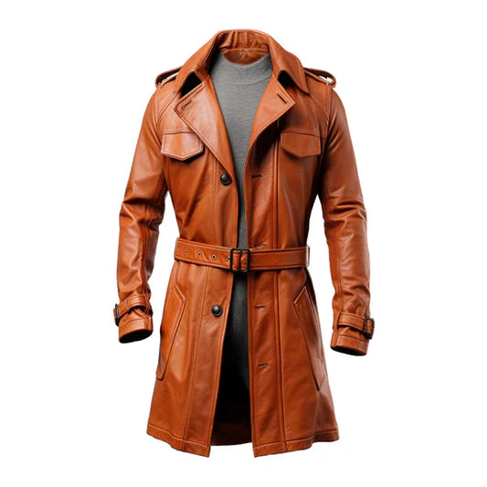 Tan Classical Long Leather Winter Coat