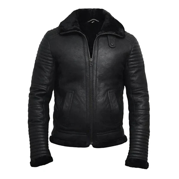 Men's Faux Shearling Flying Black Leather Jacket