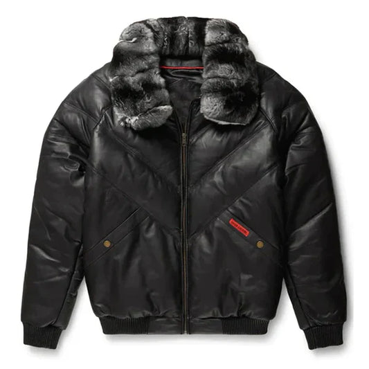 Men's V-Bomber Full Fox Collar Faux Shearling Black Leather Jacket