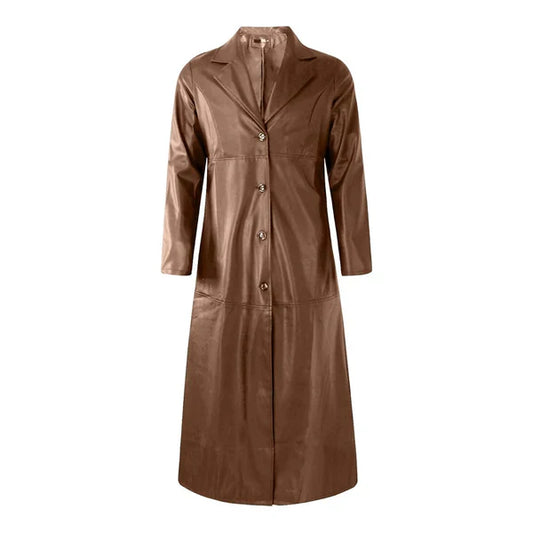 Classic Brown Long Trench Leather Motorcycle Coat