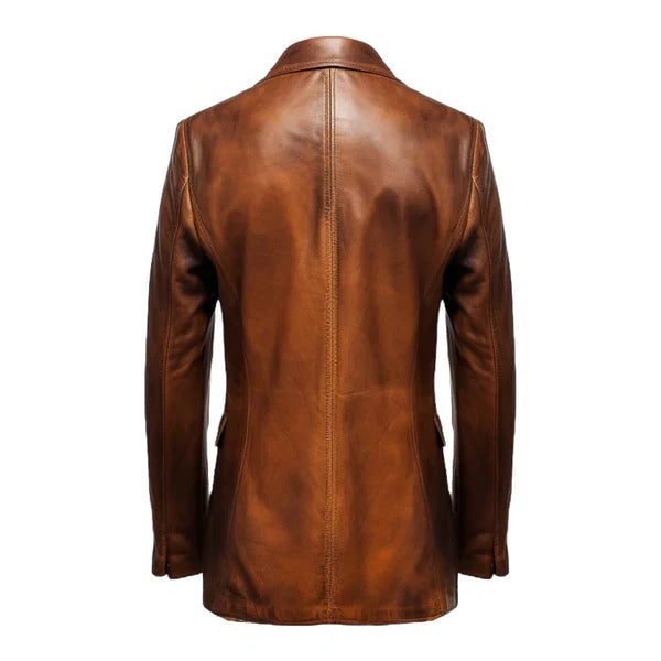 Classic Winter Round Cuffs Brown Leather Coat