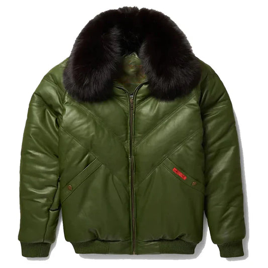 Men's V-Bomber Faux Shearling Green Leather Jacket