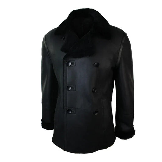 German Double-Breasted Black Leather Military Coat