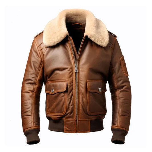 Men's Aviator Casual Lapel Faux Shearling Brown Leather Jacket