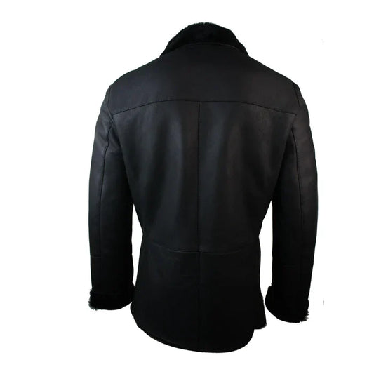 German Double-Breasted Black Leather Military Coat