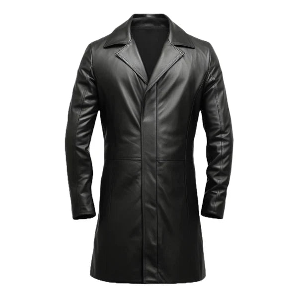 Classic Long Premium Black Leather Coat