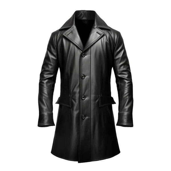 Strap Pocket Long Black Leather Coat