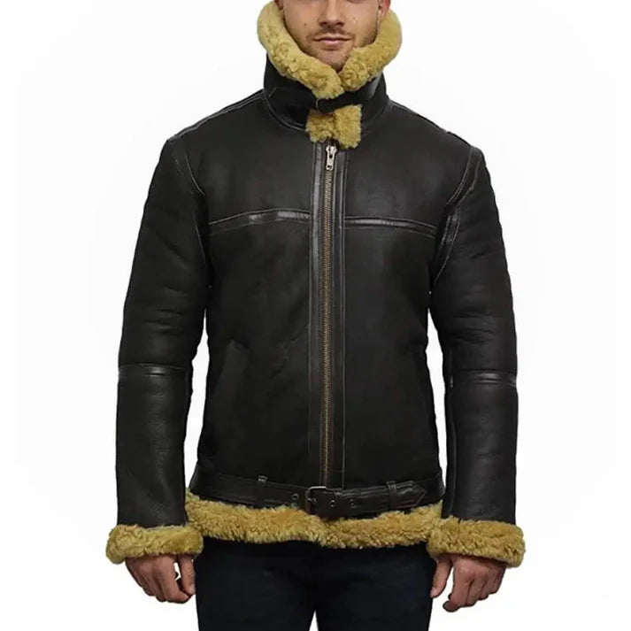 Men's Black Faux Shearling Bomber Real Leather Jacket