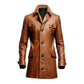 Erect Collar Brown Stylish Genuine Leather Coat