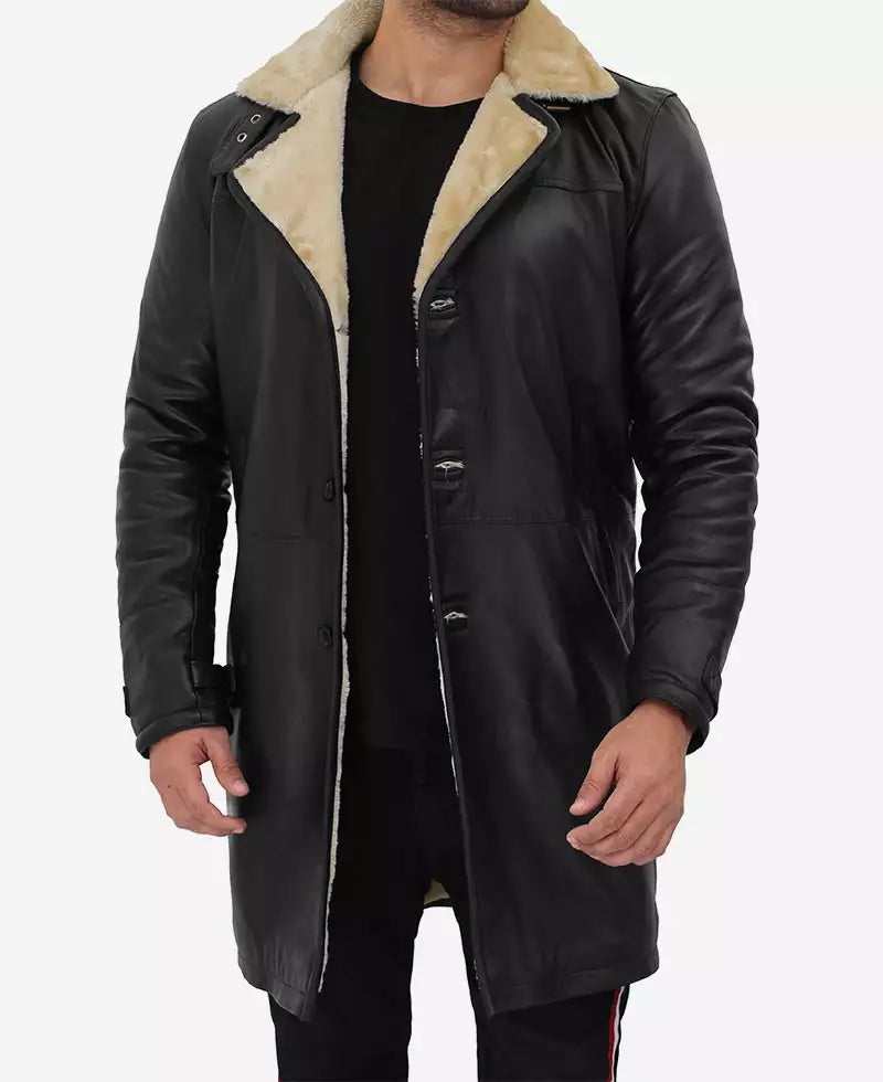 Men's 3/4  Black Length Shearling Leather Coat