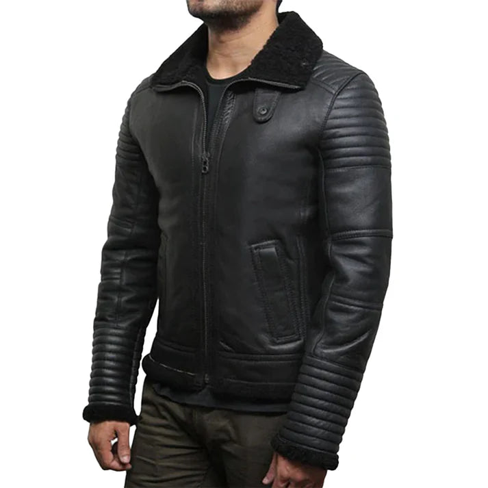 Men's Faux Shearling Flying Black Leather Jacket