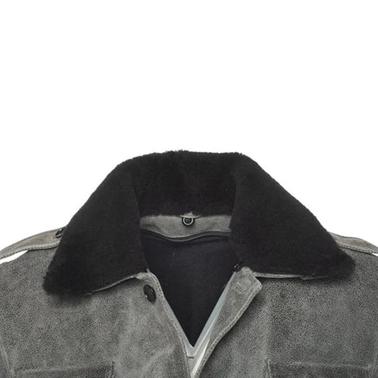 Premium Grey Ryder Fur Collar Leather Coat