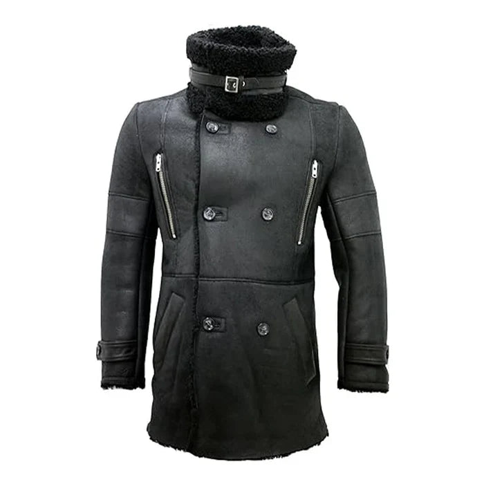 Reefer Double-Breasted Warm Black Leather Coat