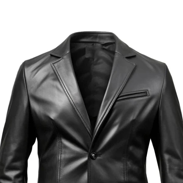 Stylish Button Closure Blazer Black Leather Coat