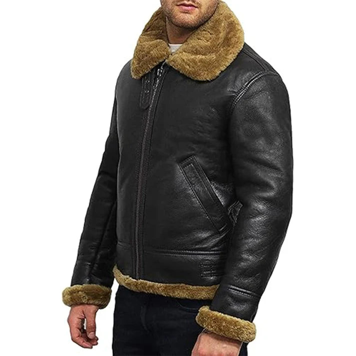 Men's B3 Faux Shearling Flying Bomber Black Leather Jacket