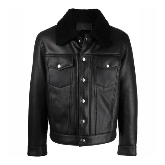 Men's Faux Shearling Fur Collar Black Bomber Leather Jacket