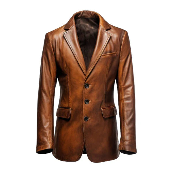 Classic Winter Round Cuffs Brown Leather Coat