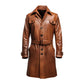 Button Style Vintage Long Brown Leather Coat