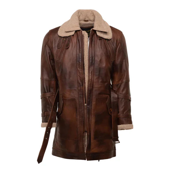 Rust Sherpa Vintage Lining Premium Leather Trench Coat