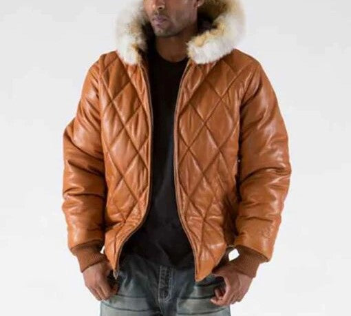 Men's Basic Fur Collar Brown Leather jacket