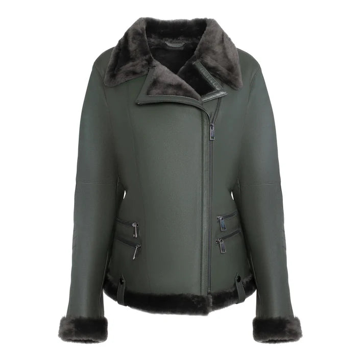 Women's Spanish Merino Green Faux Shearling Leather Jacket