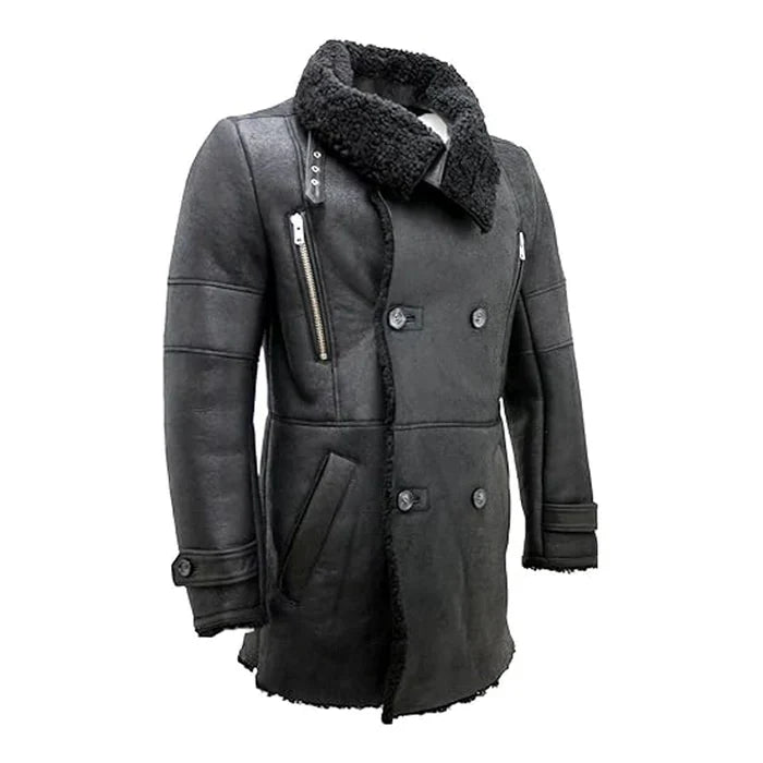 Reefer Double-Breasted Warm Black Leather Coat