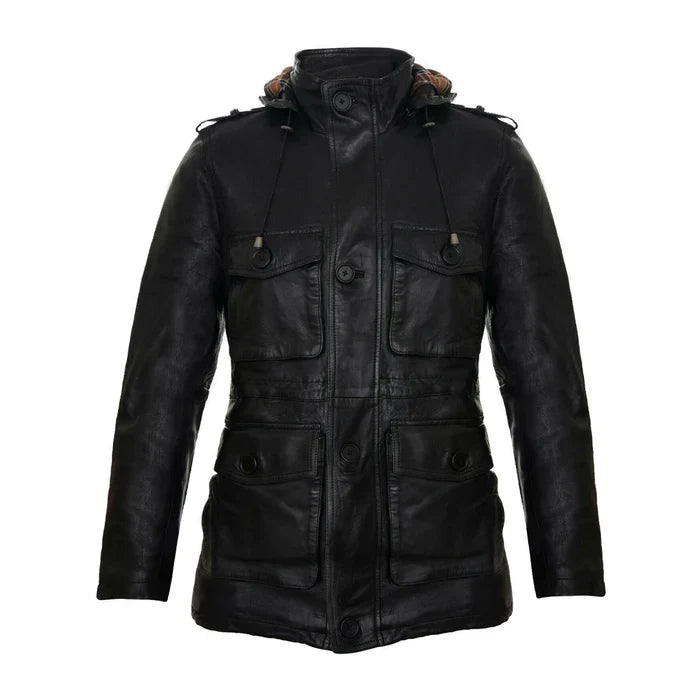 Classic Hooded Black Leather Trench Overcoat