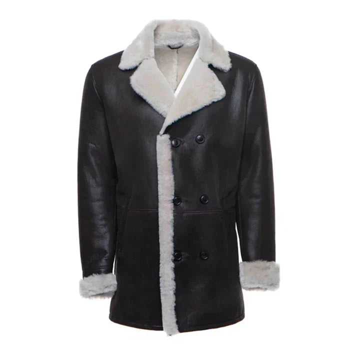 Jozef's Buttoned Shearling Black Leather Coat