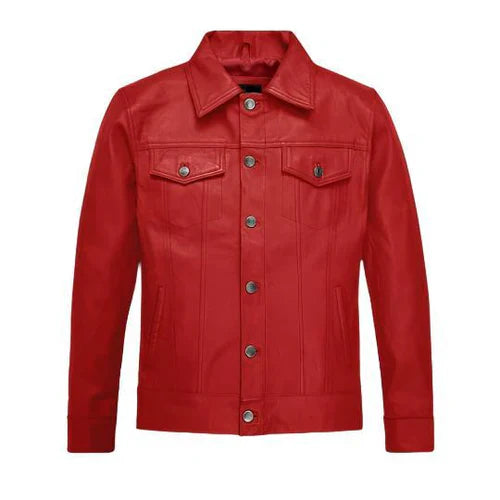 Men's Faux Trucker Red Leather Jacket