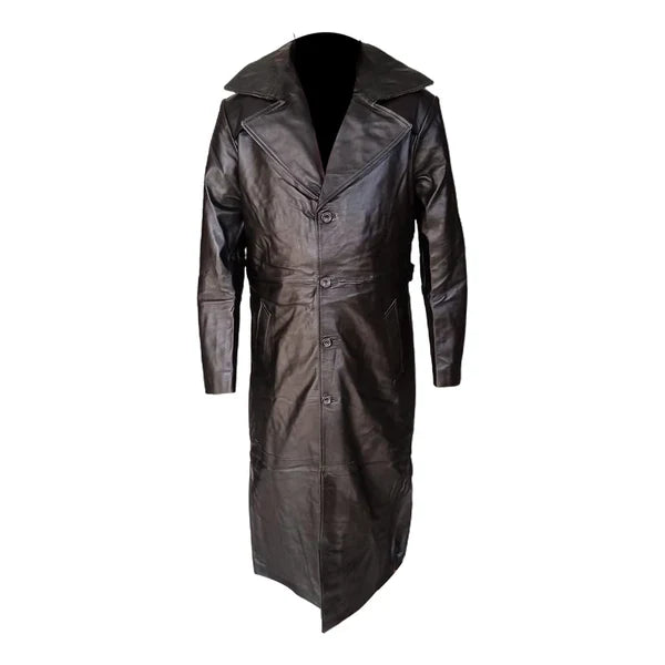 Long Trench Winter Black Real Leather Coat