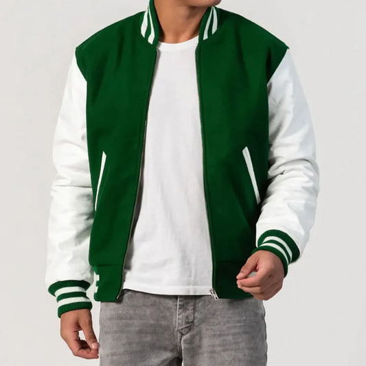 Men's Kelly Green & White Leather Sleeves Wool Varsity Jacket