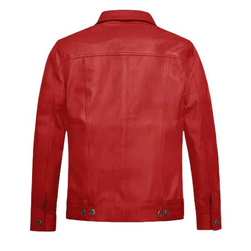 Men's Faux Trucker Red Leather Jacket