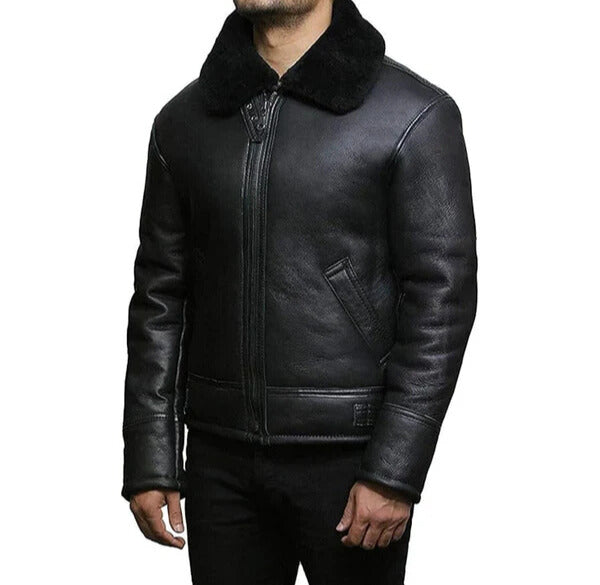 Men's Faux Shearling Real Black Leather Jacket