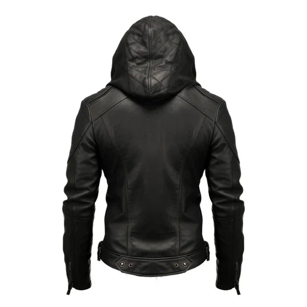 Men's Black Hooded Biker Leather Jacket