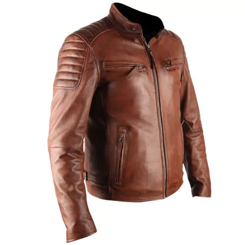 ATX 3 Cross Pockets Brown Waxed Genuine Real Leather Jacket