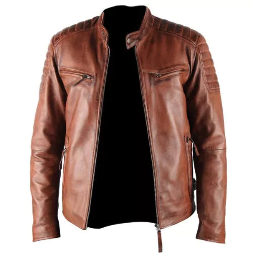 ATX 3 Cross Pockets Brown Waxed Genuine Real Leather Jacket