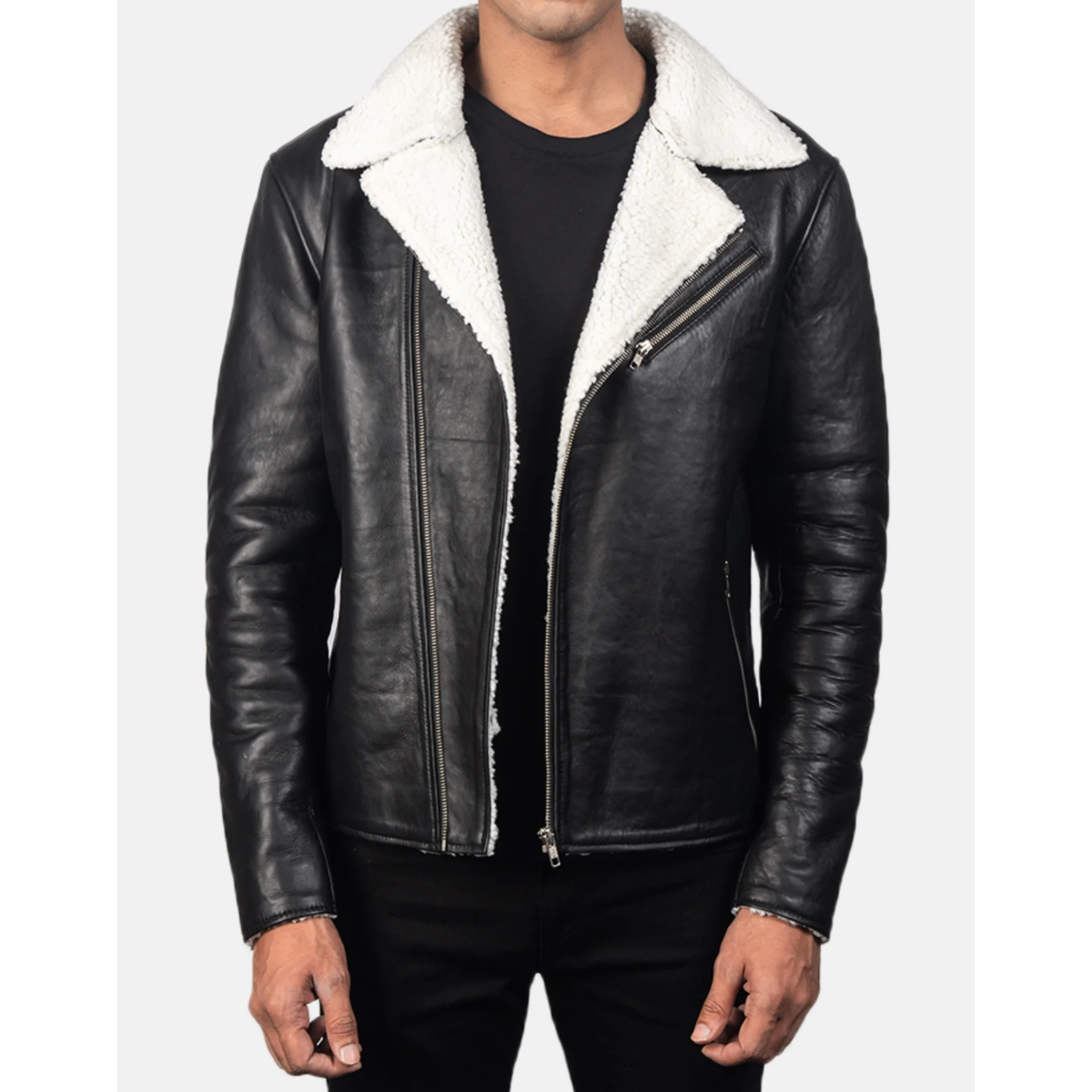 Alberto White Shearling Black Leather Jacket