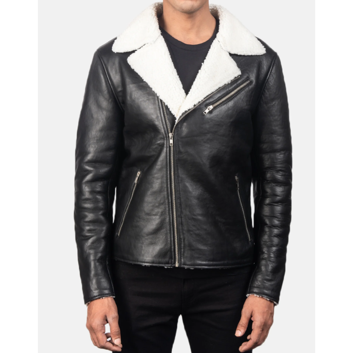 Alberto White Shearling Black Leather Jacket