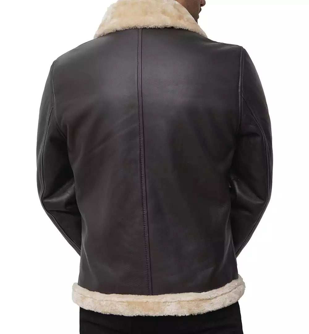 Men's Dark Brown Shearling Bomber Jacket Made of Real Leather