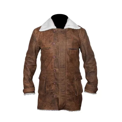 Bane Coat Distressed Brown Genuine Real Leather Jacket Dark Knight Shearling