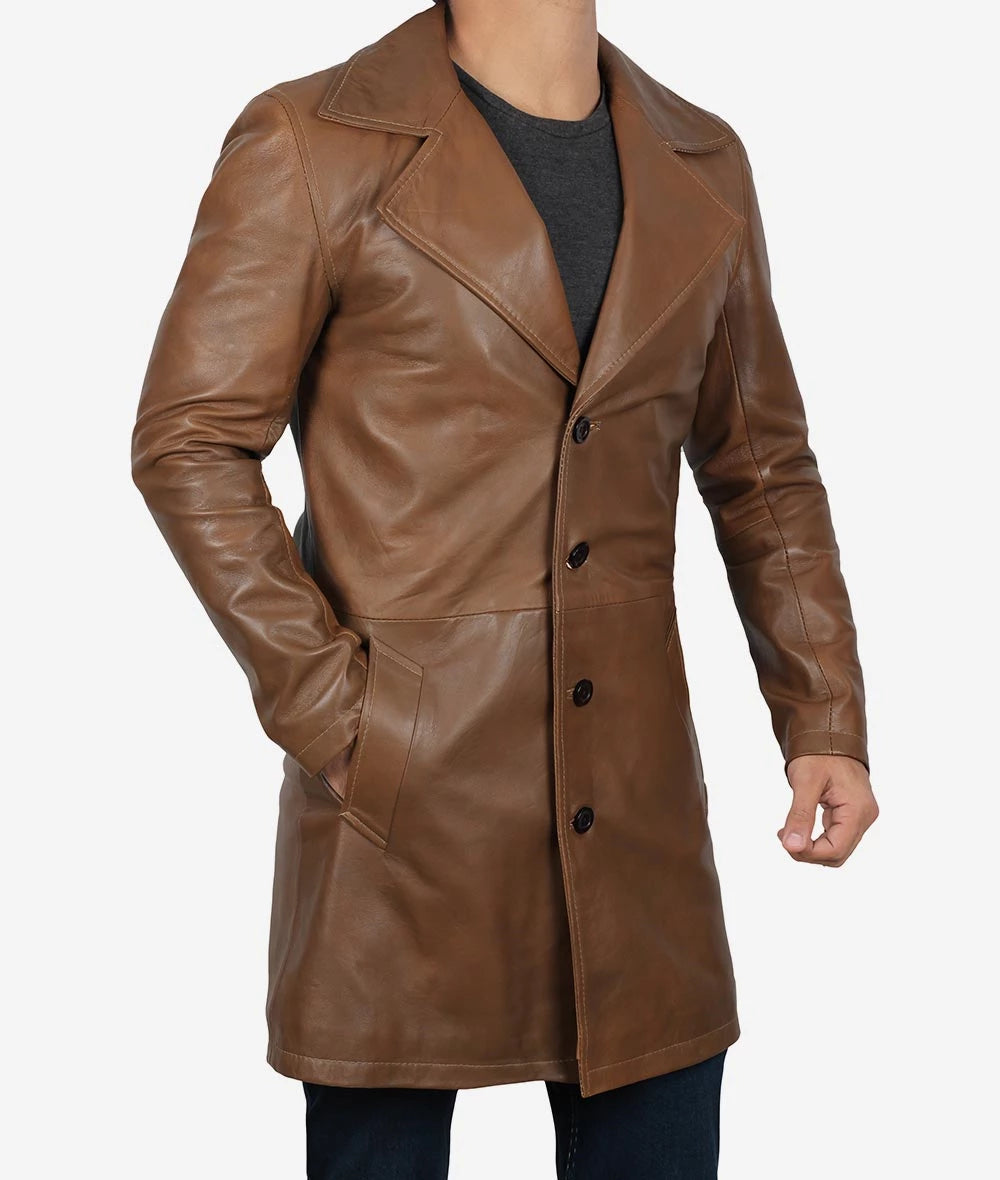 Men's Brown 3/4 Length Real Lambskin Leather Coat