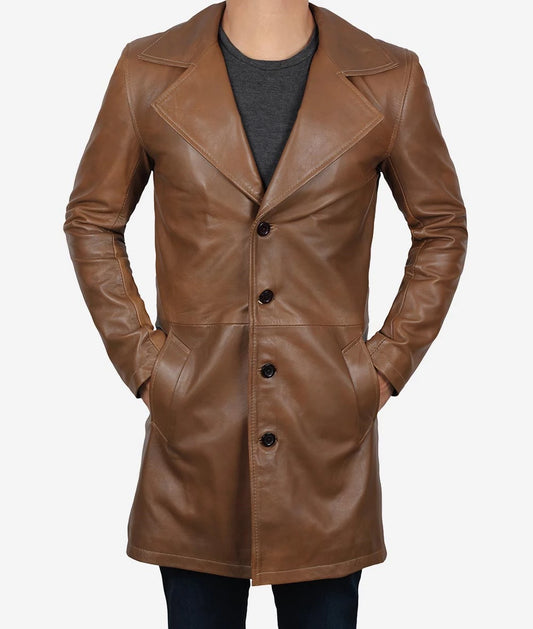 Men's Brown 3/4 Length Real Lambskin Leather Coat