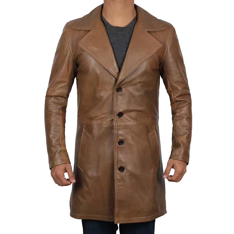 Men's Brown 3/4 Length Real Lambskin Leather Coat