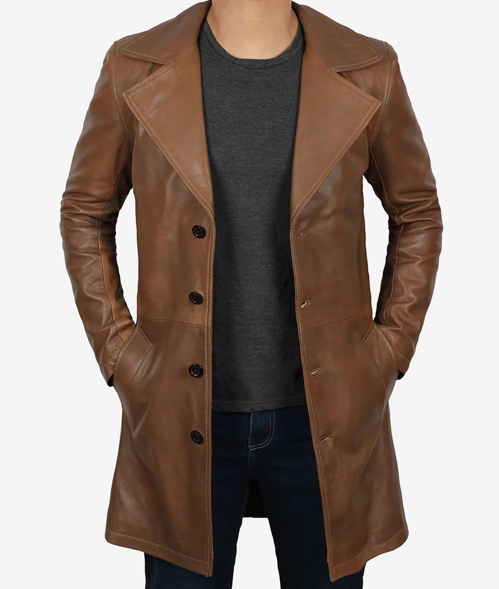 Men's Brown 3/4 Length Real Lambskin Leather Coat