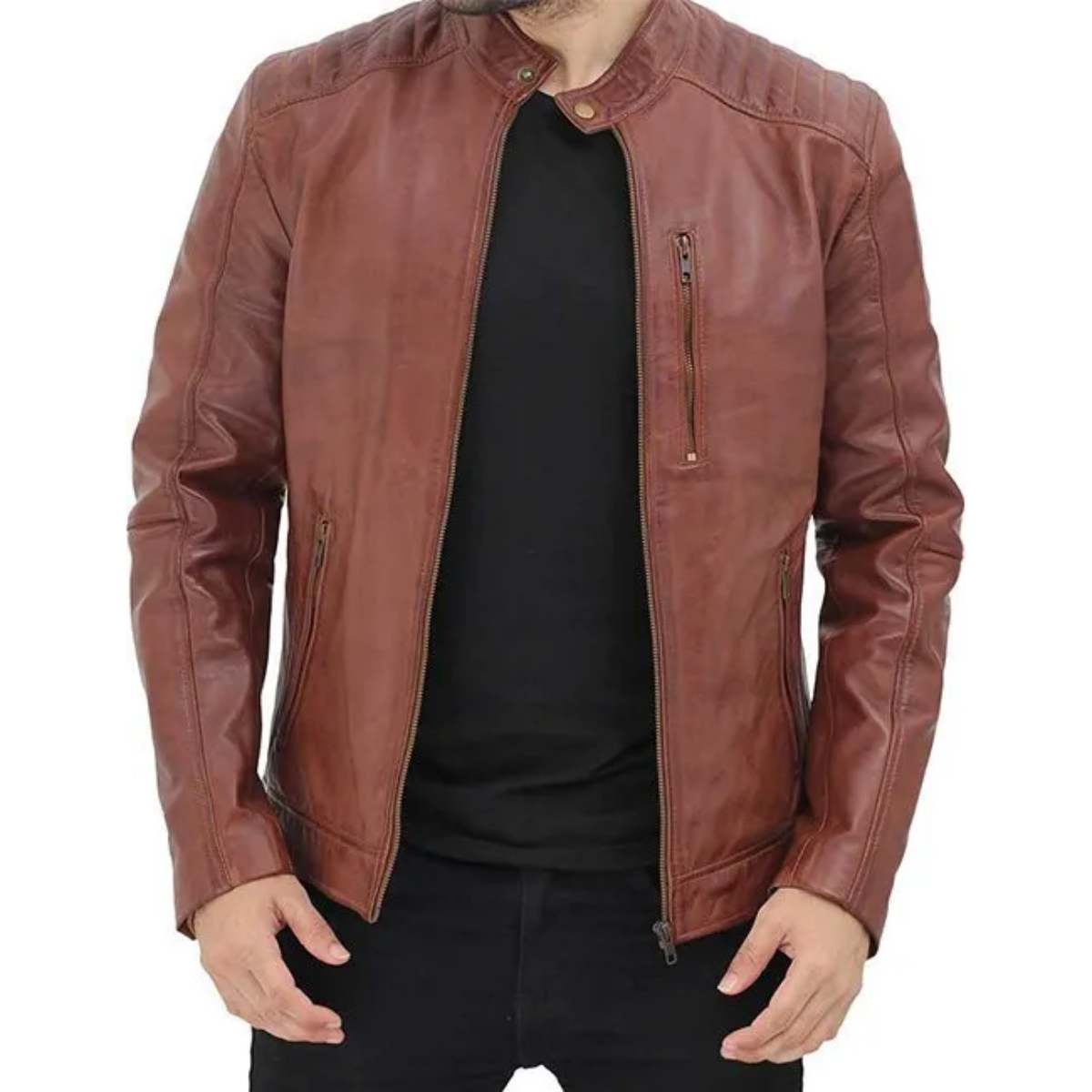 Benjamin Mens Cafe Racer Brown Leather Jacket