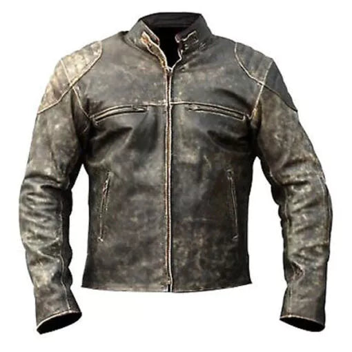 Vintage Distressed Black Biker Motorcycle Genuine Real Leather Jacket